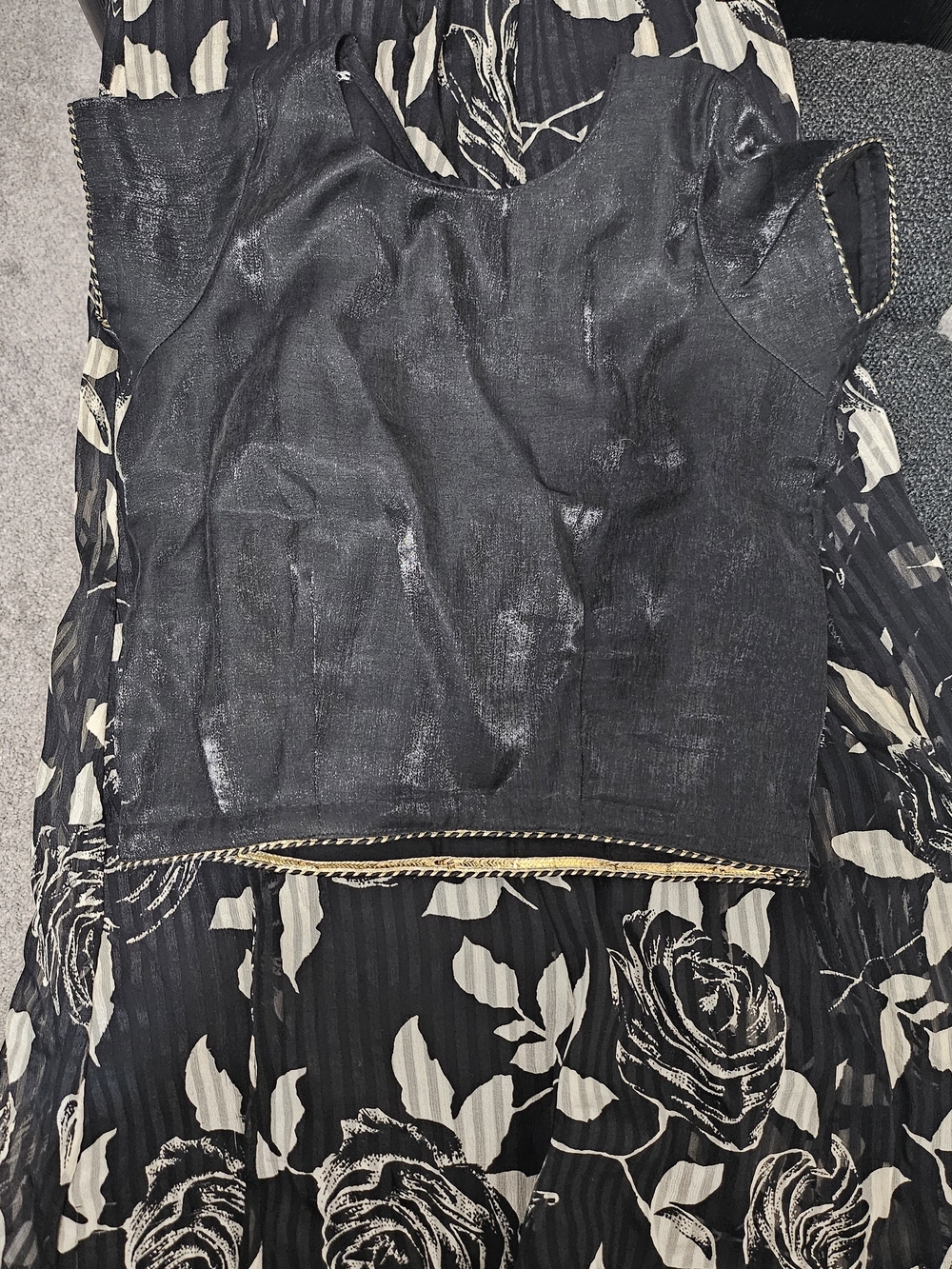 Black Floral Print Kids A Line Skirt with Metallic-Trim Bodice Top